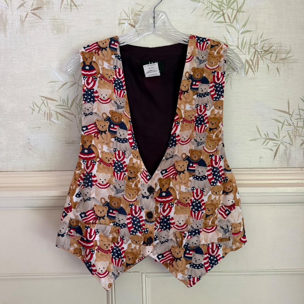 USA Vintage Teddy Bear American Flag Patriotic Cotton Vest July 4th Americana M